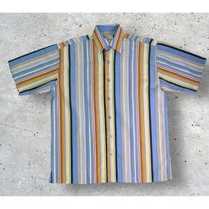Vintage G.O. Graphic Striped Button Up Shirt Men’s Medium Blue Multicolor Y2K